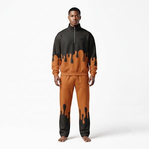 Ensemble de survêtement pour homme de haute qualité, coupe ample, demi-zip, imprimé, avec cordon de serrage, style streetwear urbain décontracté pour l'automne - Product Image 1
