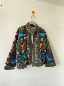 Handcrafted Women's Dark Brown Velvet Jacket Vibrant Floral Suzani Hand Embroidery Boho Chic <b>Reversible</b> Front Open Kimono <b>Coat</b> - Product Image 3