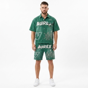 Custom Cropped Streetwear <b>Men's</b> T Shirt Shorts Set <b>Studded</b> Acid Wash 100% Cotton Screen Print Summer Outfit - Product Image 5