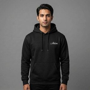 Sweat-shirt à capuche noir pour homme avec logo brodé, poche avant, coupe décontractée en molleton, idéal pour l'automne - Product Image 2