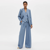 Ensemble tailleur pantalon et blazer 2 pièces sur mesure en mélange lin-coton bleu clair pour femme, coupe oversize, idéal pour le bureau et les occasions formelles