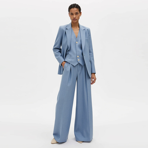 Ensemble tailleur pantalon et blazer 2 pièces sur mesure en mélange lin-coton bleu clair <span class=keywords><strong>pour</strong></span> <span class=keywords><strong>femme</strong></span>, coupe oversize, idéal <span class=keywords><strong>pour</strong></span> le bureau et les occasions formelles - Product Image 4