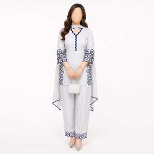 Ensemble Salwar Kameez gris clair, col en V, broderie florale, dupatta, pantalon large, vêtements de fête pour femmes - Product Image 1