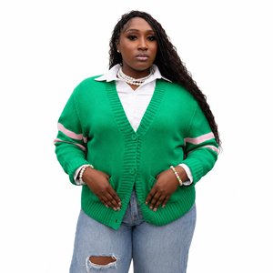 Cárdigan de punto amarillo para mujer con rayas azules, cuello en V, botones frontales, estilo oversize, casual, a la moda, venta al por mayor, etiqueta privada personalizada - Product Image 1