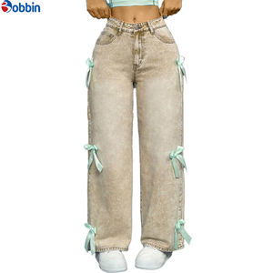 Nuevos Jeans de Moda para Mujer, Estilo Moderno, de Algodón, Anchos, Casuales, Simples, con Lazos, Lavados, de Cintura Alta, Lavables - Product Image 4