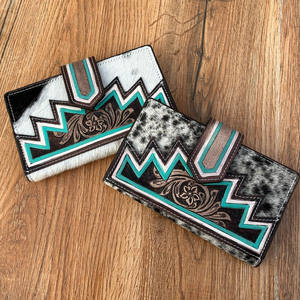 Gran oferta, billetera plegable de cuero con herramientas hechas a mano, billetera occidental para tarjetas de crédito, Cartera de mano Floral de piel de vaca occidental para mujer - Product Image 4