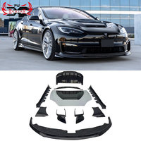Kit carrosserie style V en carbone sec pour Tesla Model S : Lame de pare-chocs avant, jupes latérales, diffuseur arrière, garde-boue, capot et aileron arrière