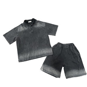 Custom Logo Vintage Acid Wash Men Polo Short <b>Set</b> Cotton Streetwear Oversized Gradient Two Piece Casual Summer <b>Set</b> - Product Image 4