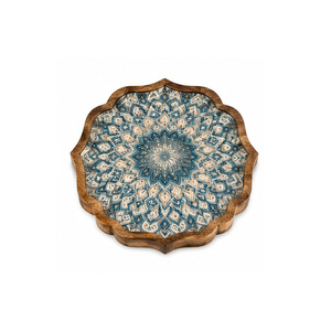 Plateau de rangement en bois bohème, forme polygonale, motif floral sculpté, finition vernie, pour table - Product Image 1