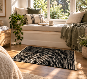 Alfombra de Entrada Rectangular de Lana/Seda con Patrón Geométrico, Estilo Bohemio, Tejida a Mano, Grosor Medio, Ecológica, Lavable, para Exteriores, Color Negro - Product Image 6
