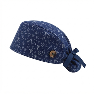 Pink Medical <b>Scrub</b> <b>Cap</b> With White Medical Icons Pattern Adjustable Tie Back Button Closure For Women Hospital Use - Product Image 2