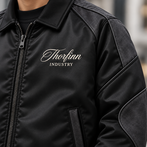 เสื้อแจ็คเก็ตบอมเบอร์ผู้ชายสีดำแบบมีซิป ยี่ห้อ Thorfinn Industry คอปกพับได้ สไตล์ลำลอง เหมาะสำหรับฤดูใบไม้ร่วง ราคาถูก ขายส่ง รับผลิตตามแบบ OEM - Product Image 6