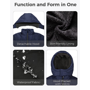 Men's Navy Blue Puffer <b>Jacket</b> Hooded Stand Collar Zipper Closure Windproof Casual Winter Wear <b>Fleece</b> <b>Lining</b> Thick Polyester - Product Image 3