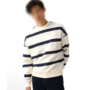 Sweat-shirt rayé pour homme en gros, col rond, épaules tombantes, rayures horizontales blanc cassé et bleu marine, personnalisable, pour tenue décontractée - Product Image 1