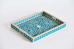 Bone Inlay Modern Breakfast <b>Tray</b> Blue Floral Pattern Eco-Friendly Durable Lightweight Elegant Decorative Coffee Table Serving - Product Image 5