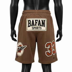 Shorts de basket-ball athlétiques pour hommes en polyester interlock marron, shorts d'entraînement avec broderie et appliqué, logo personnalisé, shorts de basket-ball pour hommes - Product Image 6