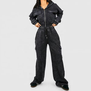 Ensemble de survêtement délavé à l'acide pour femme, haut court zippé à manches longues et pantalon large, couleur unie, coupe décontractée, idéal pour l'automne - Product Image 3