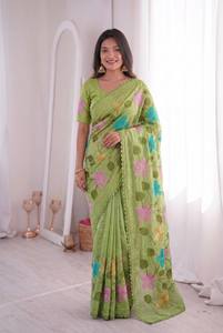 Sari en coton brodé de fleurs vertes avec bordure en dentelle, tenue traditionnelle indienne pour femmes, style décontracté, toutes saisons - Product Image 2
