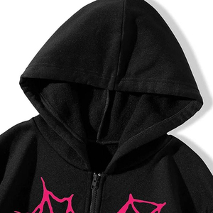 Sweat-shirt à capuche noir avec fermeture éclair, imprimé toile d'araignée rose et cœur, unisexe, coupe décontractée, style automne - Product Image 2