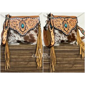 Nuevo Bolso Bandolera de Cuero Vacuno con Diseño Western, Flecos Largos y Piedra Turquesa, Estilo Boho Cowgirl para Mujer - Product Image 1