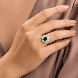 Lab Green Emerald & Lab Grown Diamond <b>Cocktail</b> <b>Ring</b> 14KT White <b>Gold</b> Oval Emerald Floral Halo Statement <b>Ring</b> OEM ODM Fine Jewel - Product Image 3