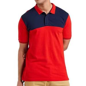 Polo de manga corta para hombre, rojo y azul marino, con bloques de color, de algodón sólido, transpirable, informal, tejido, de corte regular. - Product Image 1