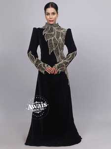Awais House Women's Black Embroidered Organza Floor-Length Modest V-neck Long Sleeve Beaded Evening Formal Gown Natural Waist - Product Image 3