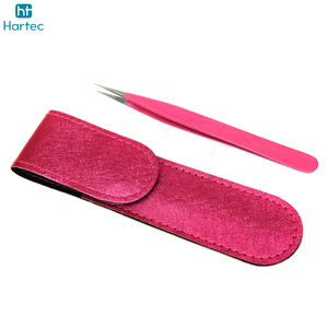 Fully Customized Made Grafted Tweezers Pure Stainless Steel Dark Pink Color Fiber Curved Shape Tip Extension Tweezers Set - Product Image 3