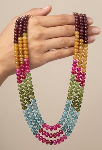 Luxury 3 Layer Multicolor Jade Gemstone Beaded Brass Link <b>Necklace</b> Gold Plated <b>Long</b> Statement Traditional Indian Bridal Fashion - Product Image 4