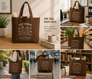 Keep Growing <b>Canvas</b> <b>Tote</b> Bag 35cm x 25cm Magnetic Snap Closure Brown Printing Design for Daily Use Shopping - Product Image 4