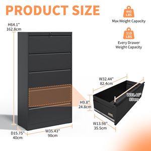 Armoire de classement latérale en métal à 5 tiroirs avec serrure pour le rangement du bureau à domicile, noire - Product Image 2