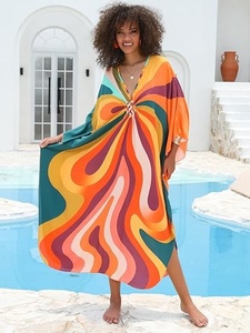 V Neck Maxi Kaftan Long Sleeve Loose Fit Geometric Print <b>Wrap</b> Tie Front Summer Beach Dress Breathable Woven Fabric Women's - Product Image 1