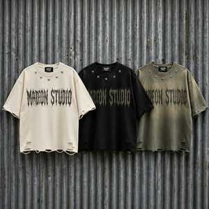 whole sale low price tshirt Acid Wash <b>Studded</b> Print T-shirt <b>Men</b>’s Urban Streetwear Trendy Graphic Tee" - Product Image 3