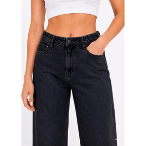 Pantalon baggy en jean pour femme, taille mi-haute, style boyfriend, avec tissu tissé durable et poches fonctionnelles à l'avant et à l'arrière - Product Image 1