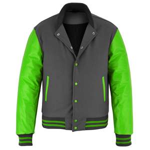 Chaqueta Varsity de PU Gris y Verde para Hombre, Corte Regular, Color Sólido, Cierre de Botones, Ropa Casual de Otoño - Product Image 4