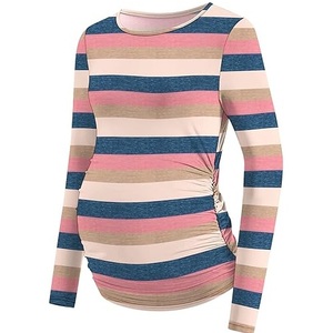 T-shirt de maternité rayé à col rond, coupe ajustée, en coton, pour l'extérieur, service OEM, haut de grossesse et d'allaitement à manches longues - Product Image 3