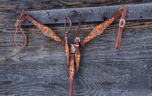 Juego de tachuelas de caballo con incrustaciones de turquesa con estampado Floral marrón, placa de pecho de cabeza, cuero genuino, ligero, equitación de temporada - Product Image 3