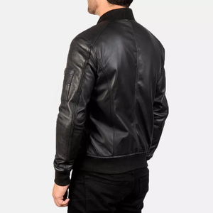 Chaqueta Bomber de Cuero Genuino para Hombre, Cuello Alto, Cierre de Cremallera, Corte Ajustado, Estilo Motociclista, Color Negro Sólido, para Otoño - Product Image 2