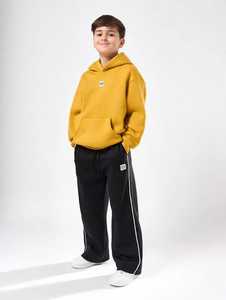 Winter <b>Kids</b> Unisex Hooded Sweatshirt and Jogger Pants <b>Tracksuit</b> Set Yellow Top <b>Black</b> Side Stripe Pants Fleece Loose Fit - Product Image 1