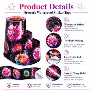 1 Rollo de Cinta Adhesiva Decorativa con Diseño de Fuegos Artificiales, Serie <span class=keywords><strong>Sunny</strong></span> Day, Resistente al Agua, de una Sola Cara, Activación por Agua, 4 PET - Product Image 5