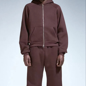 Survêtement à capuche zippé marron pour homme, couleur unie, décontracté, avec poches latérales, en coton respirant - Product Image 1