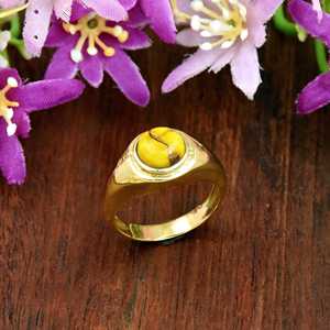 แหวนตราประทับลายดอกดาเลียสีฟ้าเทอร์ควอยซ์ ทอง 14K เวอร์เมล แหวนสไตล์โบโฮ เครื่องประดับทำมือ - Product Image 3