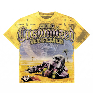 T-shirt personnalisé à manches courtes pour homme, imprimé, col roulé décontracté, 100% coton, respirant, style hip-hop, jaune - Product Image 1
