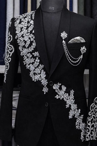 Men's Black Tuxedo Suit With Hand Embroidery Floral <b>Design</b> Single Breasted Notched Collar Formal Wear - Product Image 3