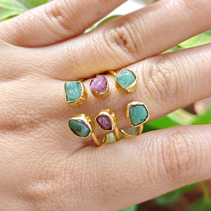Natural Raw Emerald and Raw Ruby Adjustable <b>Ring</b> Solid Brass 18k Gold Plated Three Layered Band <b>Open</b> <b>Ring</b> Unisex Wear Jewelry - Product Image 3