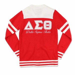 Pull de sororité Delta Sigma Theta - Boutonné - Écusson - Noir/Rouge Rayures Blanches Numéro 13 Style Preppy Manches Longues Longueur Entière - Product Image 5