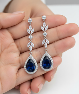 Boucles d'oreilles pendantes en argent 925 avec saphir, plaquées rhodium, forme goutte d'eau, bijoux de mariage classiques pour femmes - Product Image 2