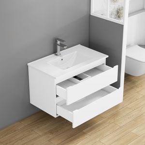 Mobile Bagno Sospeso da 32 Pollici con Doppio Cassetto, Ante Arrotondate, Sistema Soft-Close, Lavabo in Ceramica, Nessun Montaggio Hardware Richiesto - Product Image 4