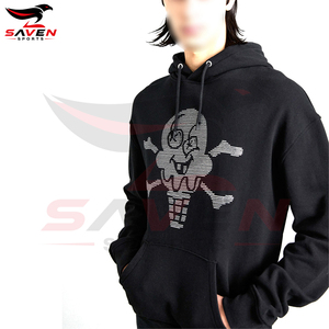 Sudadera con capucha de forro polar para hombre, personalizada al por mayor, de gramaje alto, negra, con pedrería, de corte holgado, con estampado gráfico de calavera de helado, tipo jersey - Product Image 4