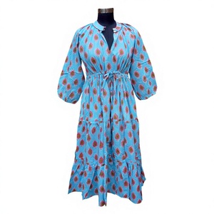Vintage Knitted Cotton Career Dresses Casual Midi Length Puff Sleeves Floral Breathable Eco-Friendly Comfortable Sexy A-Line - Product Image 1